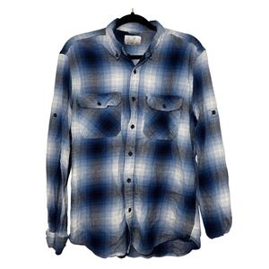 Ocean Coast Men Large Blue White Plaid Flannel Button Down Roll Tab Sleeve Shirt